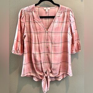 Como Vintage Pink Plaid Short Sleeve Blouse with Tie Front - NWOT